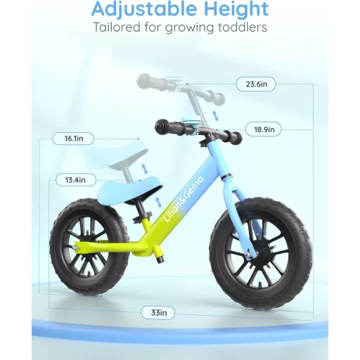 Bicicletă fără pedale Lilian&Gema pentru copii de 2-5 ani, cu roți luminoase, ghidon și înălțime șa reglabile, roți EVA de 12 inch, pentru dezvoltarea echilibrului.