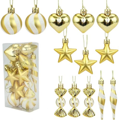 Set ornamente de Crăciun HERZONE - 13 bucăți decorațiuni aurii din plastic pentru brad, coroniță - globuri, stele, oameni de zăpadă, inimioare, țurțuri
