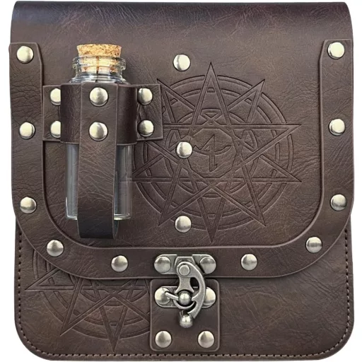HiiFeuer Középkori Alkimista Műbőr Övtáska Parafa Varázsital Palackkal - Fantasy Varázsló Derékzsák 4 Zsebbel Halloween Jelmezhez (Barna)