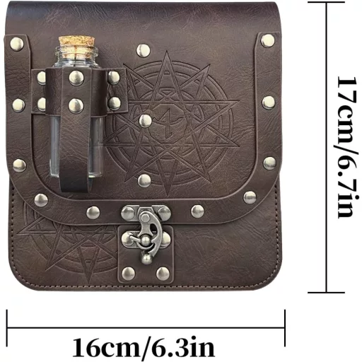 HiiFeuer Középkori Alkimista Műbőr Övtáska Parafa Varázsital Palackkal - Fantasy Varázsló Derékzsák 4 Zsebbel Halloween Jelmezhez (Barna)