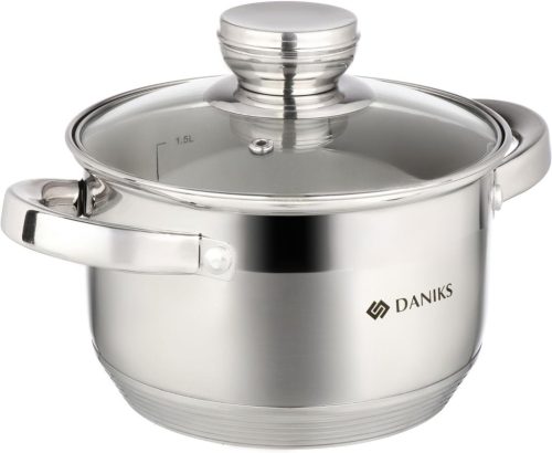 Oală din inox cu inducție Daniks, cu capac de sticlă - 16 cm, 2 litri, pentru supă/paste, Argintiu