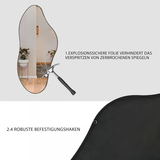 Ymahizax Aszimmetrikus Fali Tükör 98x45 cm - Fém Keretes Dekoratív Tükör Fürdőszobába, Előszobába, Nappaliba - Robbanásbiztos Üveg