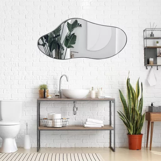 Ymahizax Aszimmetrikus Fali Tükör 98x45 cm - Fém Keretes Dekoratív Tükör Fürdőszobába, Előszobába, Nappaliba - Robbanásbiztos Üveg