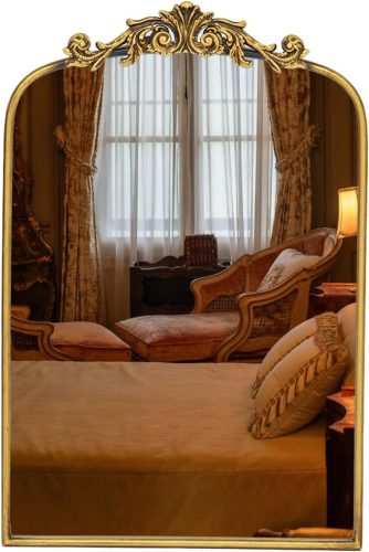 Oglindă Awhotixbo Baroc Aurie - 40x61 cm Oglindă de Perete Semirotundă Vintage cu Ramă Metalică pentru Decorarea Livingului, Holului, Băii