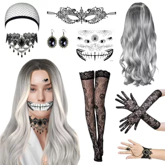   HEYIDAMAI Halloween Jelmez Szett 9 Részes Női Paróka Kiegészítőkkel Maszkkal
