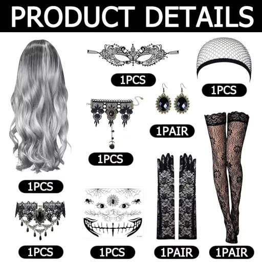 Set costum Halloween pentru femei HEYIDAMAI, 9 piese, cu perucă, accesorii și mască.
