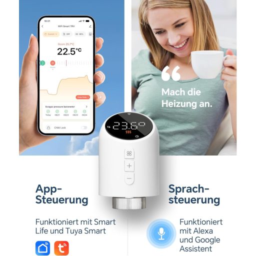 BEOK CONTROLS Termostat WiFi pentru Radiator TRV-705, Regulator Inteligent de Încălzire Digital, Compatibil cu Aplicația Tuya, Google și Alexa
