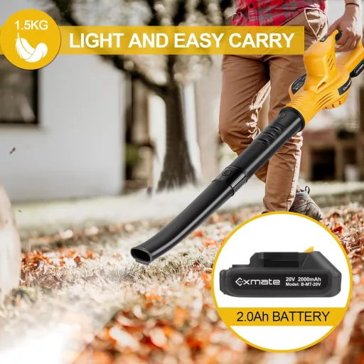 Suflantă de frunze cu acumulator Exmate 20V 130 MPH, cu baterie litiu-ion de 2.0 Ah și încărcător - Pentru îndepărtarea frunzelor, zăpezii și a murdăriei din grădină și de pe terasă (Sá
