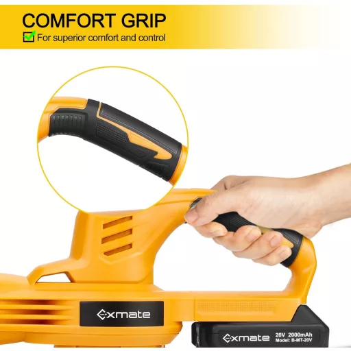 Suflantă de frunze cu acumulator Exmate 20V 130 MPH, cu baterie litiu-ion de 2.0 Ah și încărcător - Pentru îndepărtarea frunzelor, zăpezii și a murdăriei din grădină și de pe terasă (Sá