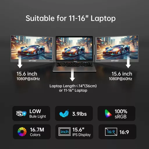 MT-VIKI 15.6" Hordozható Monitor FHD 1080P IPS, 360° Forgatható Laptop Kijelző Bővítő