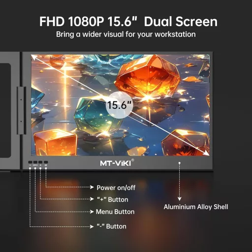 MT-VIKI 15.6" Hordozható Monitor FHD 1080P IPS, 360° Forgatható Laptop Kijelző Bővítő