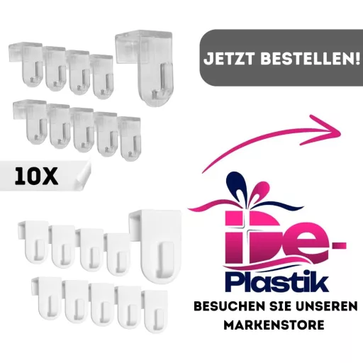De-Plastik Priehľadná Súprava okenných háčikov - 10 ks Plastové Dekoračné Háčiky na okná, dvere, do 17 mm, bez vŕtania