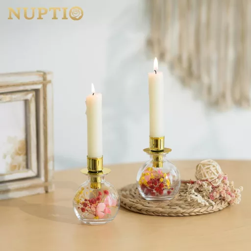 NUPTIO arany üveg gyertyatartó szárított virágokkal, adventi koszorú, asztali dekoráció