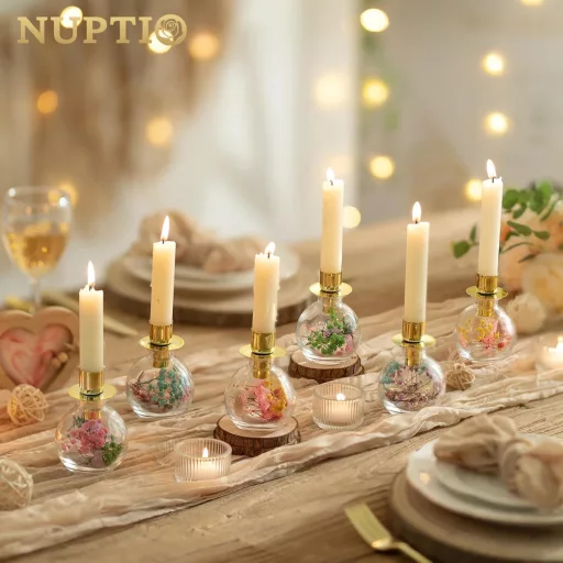 NUPTIO arany üveg gyertyatartó szárított virágokkal, adventi koszorú, asztali dekoráció