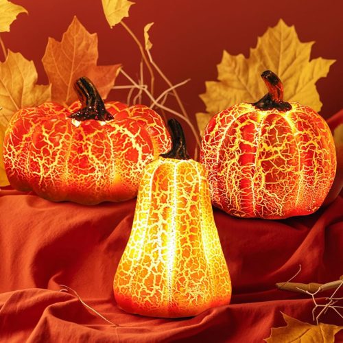 Set decorativ cu dovleci luminoși LED Zâmbet însorit - 3 buc. Felinar de dovleac pentru Halloween, decorațiuni de toamnă, felinar de dovleac portocaliu din rășină lucrat manual