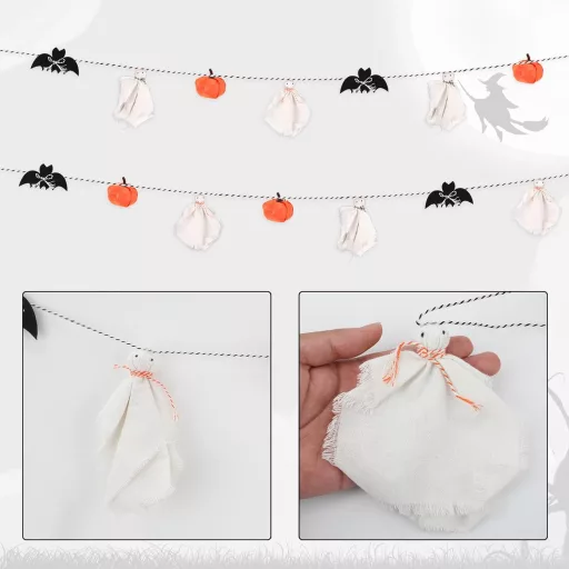 Decorațiuni de Halloween PEUTIER, ghirlandă cu fantome albe și negre, dovleci, pentru interior și exterior.