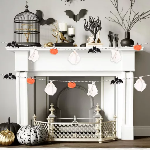 Decorațiuni de Halloween PEUTIER, ghirlandă cu fantome albe și negre, dovleci, pentru interior și exterior.