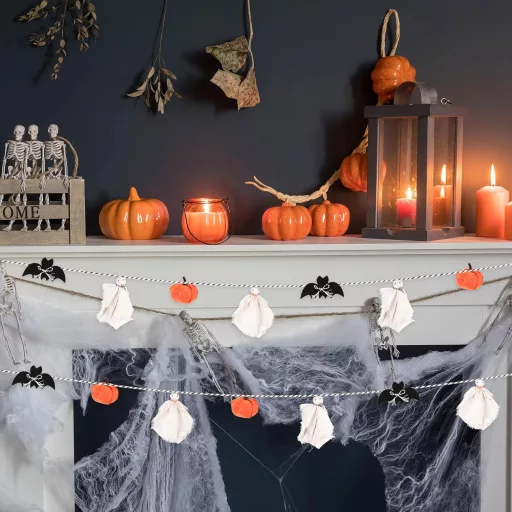 Decorațiuni de Halloween PEUTIER, ghirlandă cu fantome albe și negre, dovleci, pentru interior și exterior.