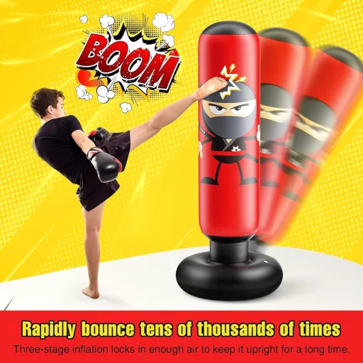 EQARD Ninja Sac de box gonflabil pentru copii, cu mănuși de box - 160 cm, sac de antrenament vertical, pentru antrenamente de karate, taekwondo, MMA, PVC roșu