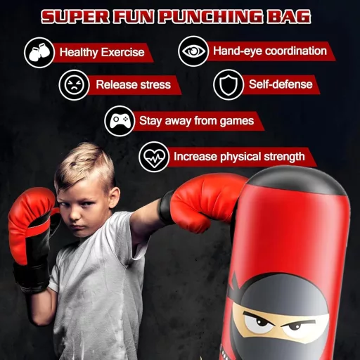 EQARD Ninja Felfújható Boxzsák Gyerekeknek Boxkesztyűvel - 160 cm Álló Edzőzsák Karate, Taekwondo, MMA Gyakorláshoz, Piros PVC