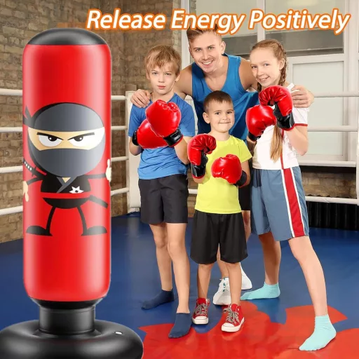 EQARD Ninja Felfújható Boxzsák Gyerekeknek Boxkesztyűvel - 160 cm Álló Edzőzsák Karate, Taekwondo, MMA Gyakorláshoz, Piros PVC