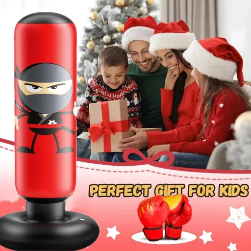 EQARD Ninja Sac de box gonflabil pentru copii, cu mănuși de box - 160 cm, sac de antrenament vertical, pentru antrenamente de karate, taekwondo, MMA, PVC roșu