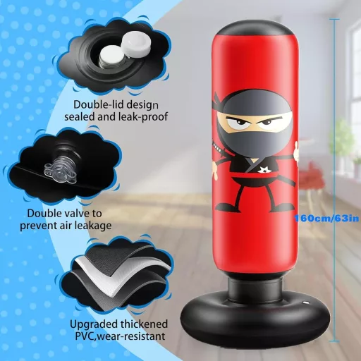 EQARD Ninja Sac de box gonflabil pentru copii, cu mănuși de box - 160 cm, sac de antrenament vertical, pentru antrenamente de karate, taekwondo, MMA, PVC roșu