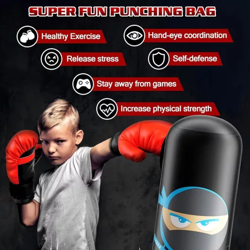 EQARD Ninja Felfújható Boxzsák Gyerekeknek Boxkesztyűvel - 160 cm Álló Edzőzsák Karate, Taekwondo, MMA Gyakorláshoz, Fekete