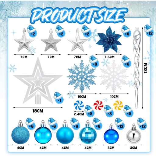 Set de 103 ornamente argintiu-albastre de Crăciun, din plastic, cu lumini LED.