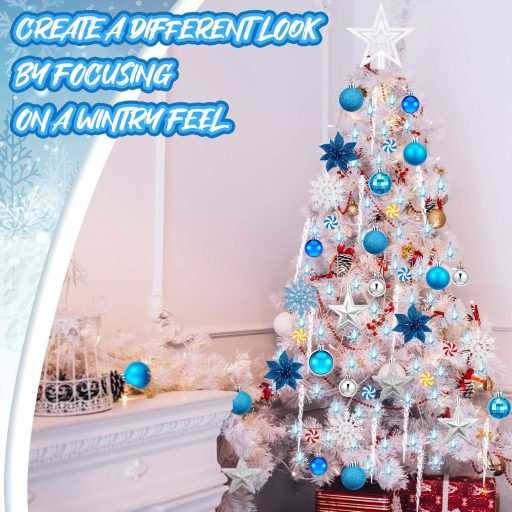 Set de 103 ornamente argintiu-albastre de Crăciun, din plastic, cu lumini LED.