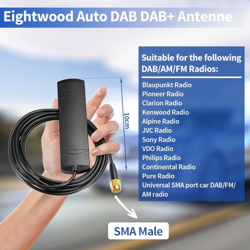 Antenă auto DAB+ Eightwood cu adaptor SMA, prindere pe parbriz cu adeziv, cablu de 3m, pentru Pioneer, Kenwood, Alpine