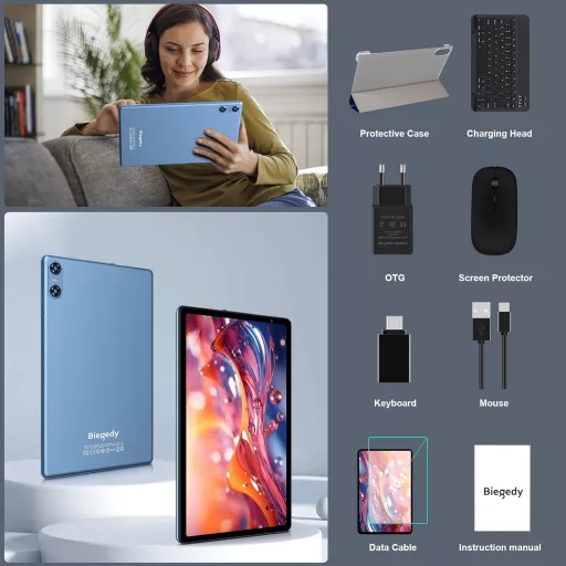 Tabletă BIEGEDY B22 10", Android 14 Octa-Core, 20GB RAM, 128GB Stocare, 5G WiFi, Bluetooth 5.0, Baterie 6000mAh, cu Tastatură și Mouse