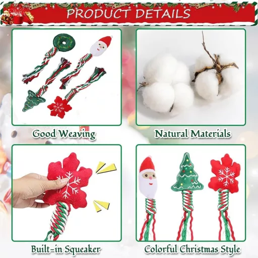 FaJoek Božićni Set Igračaka za Pse - 4 Piskutave Igračke za Žvakanje za Male i Srednje Pse, u Crveno-Zeleno-Bijelim Bojama