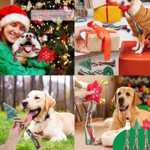 FaJoek Karácsonyi Kutyajáték Szett - 4 db Sípolós Rágójáték Kistestű és Közepes Kutyáknak, Piros-Zöld-Fehér Színekben

AI: I've created a Hu