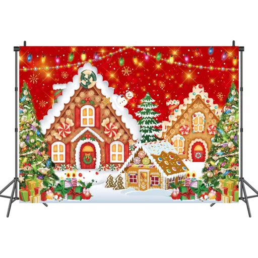 RUYI Fundal casă turtă dulce de Crăciun 9x5 ft Recuzită foto roșie - Decorațiuni festive de iarnă pentru petreceri de Crăciun, cu tematică Tărâmul Dulciurilor
