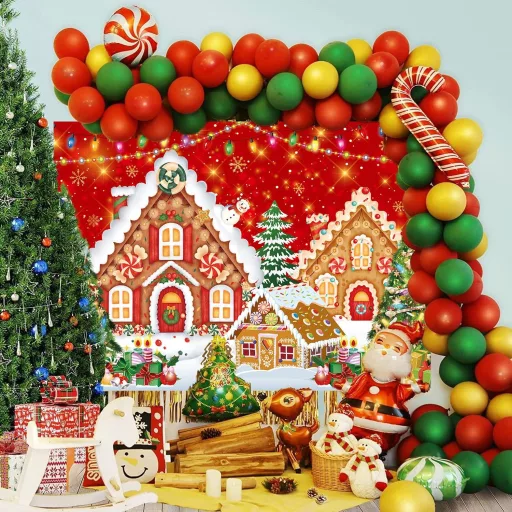 RUYI Fundal casă turtă dulce de Crăciun 9x5 ft Recuzită foto roșie - Decorațiuni festive de iarnă pentru petreceri de Crăciun, cu tematică Tărâmul Dulciurilor