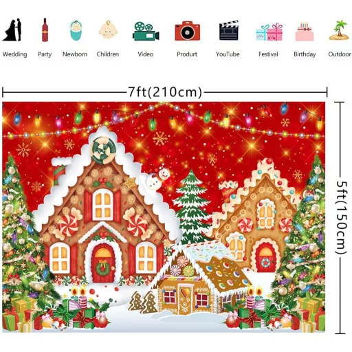 RUYI Fundal casă turtă dulce de Crăciun 9x5 ft Recuzită foto roșie - Decorațiuni festive de iarnă pentru petreceri de Crăciun, cu tematică Tărâmul Dulciurilor