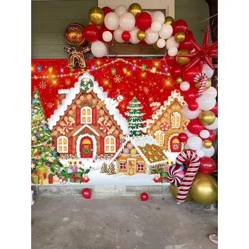 RUYI Fundal casă turtă dulce de Crăciun 9x5 ft Recuzită foto roșie - Decorațiuni festive de iarnă pentru petreceri de Crăciun, cu tematică Tărâmul Dulciurilor
