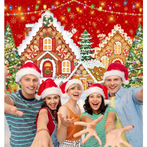 RUYI Fundal casă turtă dulce de Crăciun 9x5 ft Recuzită foto roșie - Decorațiuni festive de iarnă pentru petreceri de Crăciun, cu tematică Tărâmul Dulciurilor