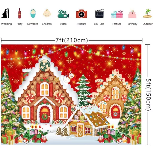 RUYI Fundal casă turtă dulce de Crăciun 9x5 ft Recuzită foto roșie - Decorațiuni festive de iarnă pentru petreceri de Crăciun, cu tematică Tărâmul Dulciurilor