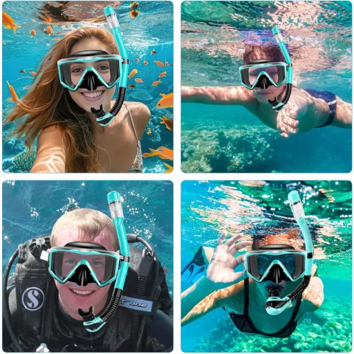 Collazoey Snorkel szett felnőtteknek száraz szeleppel, páramentes búvármaszk, edzett üveglencse - Black/green