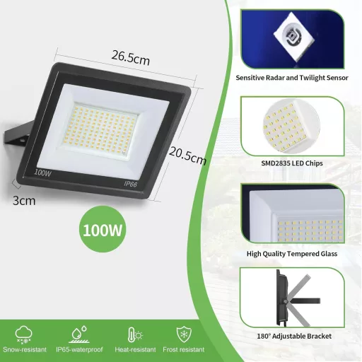 Fosingut Reflector LED 100W cu Senzor de Mișcare - 10000 Lumeni Lampă de Exterior, 6500K, IP66 Impermeabil, Iluminat de Perete pentru Garaj, Subsol, Grădină