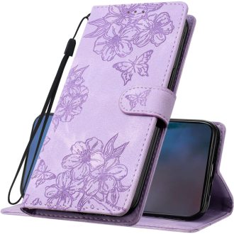   Kožené flipové puzdro IMEIKONST pre iPhone 15 Plus s kvetinovým vzorom, fialové, s magnetickým uzáverom a priehradkou na karty