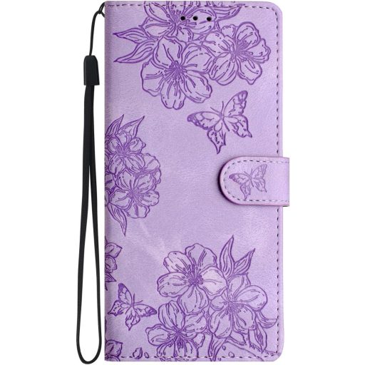 IMEIKONST iPhone 15 Plus bőr flip tok virág minta lila mágneses záras kártyatartóval