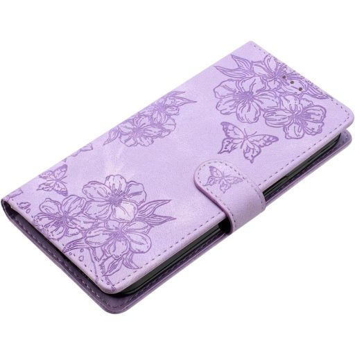 Kožené flipové puzdro IMEIKONST pre iPhone 15 Plus s kvetinovým vzorom, fialové, s magnetickým uzáverom a priehradkou na karty