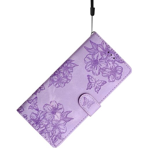 IMEIKONST iPhone 15 Plus bőr flip tok virág minta lila mágneses záras kártyatartóval