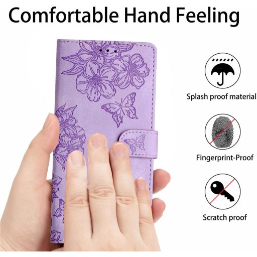 Kožené flipové puzdro IMEIKONST pre iPhone 15 Plus s kvetinovým vzorom, fialové, s magnetickým uzáverom a priehradkou na karty