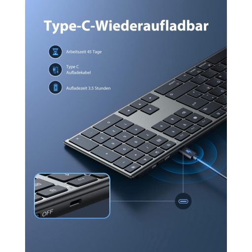 OMOTON Alumínium Bluetooth Billentyűzet Vezeték Nélküli Mac Kompatibilis Ergonomikus