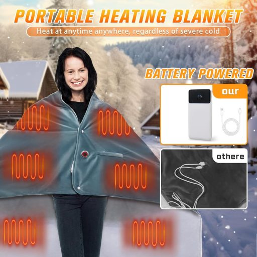 fisca Hordozható Elektromos Takaró 10000 mAh Powerbank-kal - Puha Plüss Melegítő Takaró 3 Hőfokozattal, 150x90 cm, Otthoni, Irodai és Kültér