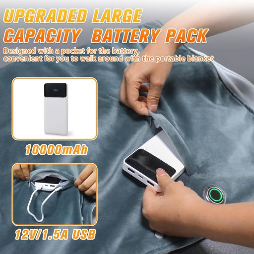 fisca Hordozható Elektromos Takaró 10000 mAh Powerbank-kal - Puha Plüss Melegítő Takaró 3 Hőfokozattal, 150x90 cm, Otthoni, Irodai és Kültér